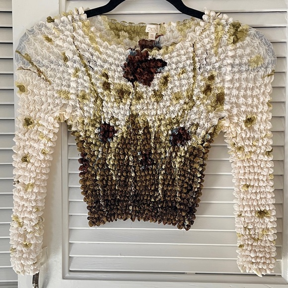 Cache Tops - VTG Cache Long Sleeve Popcorn Shirt Pucker Y2K 90's in Green, White One Size